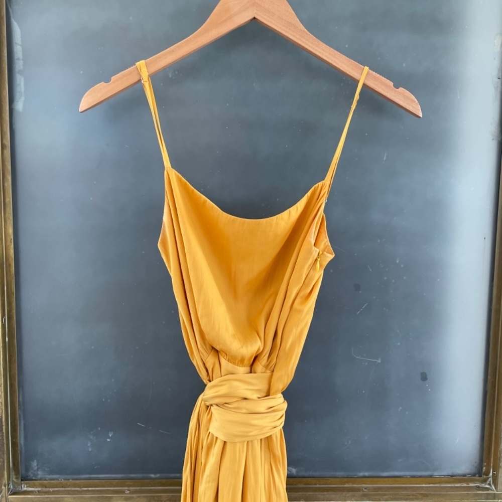 Modern Citizen Mila Layered Tank Dress in marigold Satin Midi Draped Waist tie - Picture 5 of 8